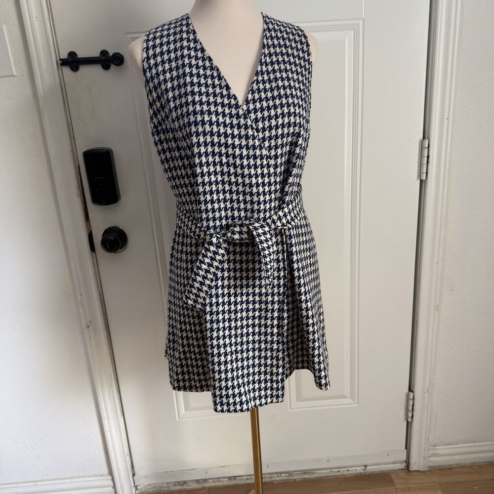 Vintage 60’s 70’s Medium Mod Navy and Cream Houndstooth Shift Dress Tie Belt